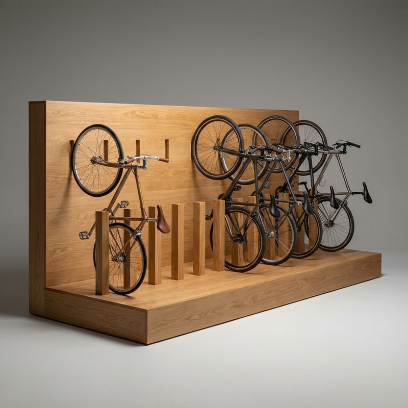 A minimalist wooden bicycle display stand designed for a bicycle shop. The structure is made entirely of natural oak wood. It consists of a rectangular oak platform, 20 cm high, with a smooth natural wood finish. Rising from the back of the platform is a vertical oak wall, 115 cm high, also made of natural oak. The wall contains evenly spaced vertical slots designed to securely hold bicycle wheels, allowing multiple bicycles to stand neatly and upright. The bicycles are positioned according to a simple technical sketch, with their wheels inserted into the slots. The overall design is clean, modern, and functional, emphasizing craftsmanship, natural materials, and retail presentation. Studio lighting, neutral background, realistic proportions.