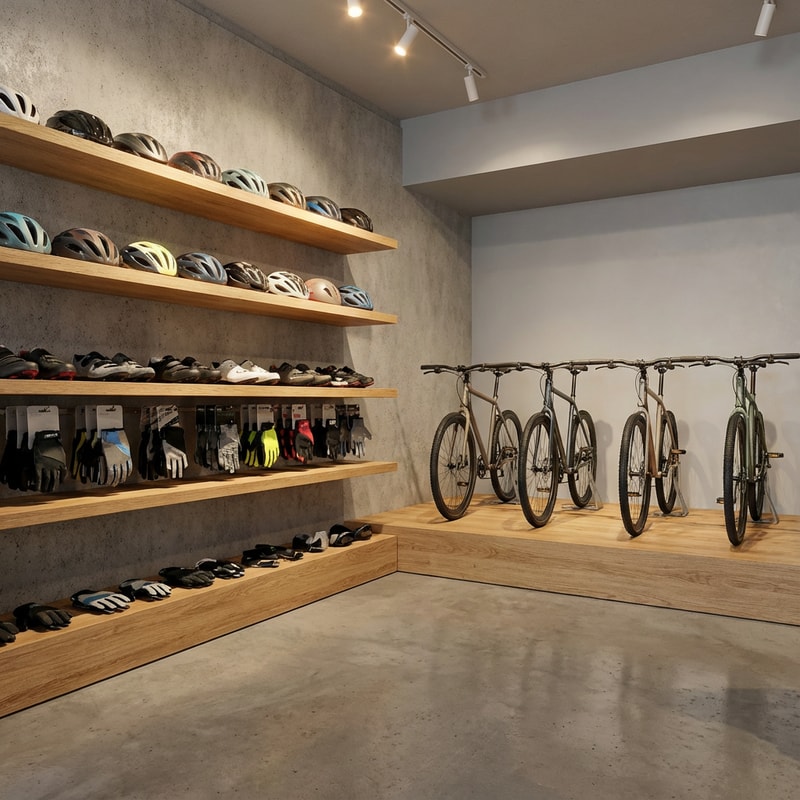 The visualization shows a display system inside a bicycle shop.

On the left side of the space, there are shelves made of natural oak wood.

The shelves should be filled with bicycle-related retail products, such as:

Helmets

Cycling shoes

Cycling gloves

On the left side of the display area, there is a platform with a height of 20 cm, made of natural oak wood.

Five bicycles are displayed standing on the platform, intended for product display.