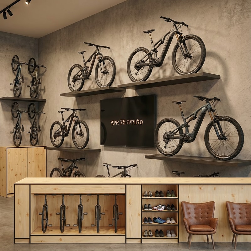להלן פרומט ברור ומסודר באנגלית:

**Prompt (English):**

The dark lines in the drawing represent a freestanding display unit positioned in the center of the bicycle shop. The display unit is made entirely of natural pine wood. It includes areas for displaying standing bicycles, as well as shelving sections for displaying cycling shoes and athletic shoes.

Next to the display unit, there are two brown leather armchairs.

The entire display unit is located in front of an exposed concrete wall on which bicycles are mounted. The image should visually connect the existing scene with the low display unit made of natural pine wood, creating a cohesive and integrated composition.


I want exactly the same image, only with a frontal, straight-on view.