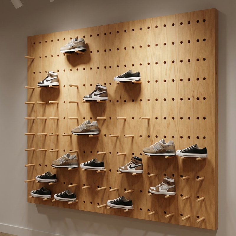 A 225 cm high by 270 cm wide modern retail shoe display unit constructed from twin perforated plywood panels (10 cm hole spacing) with 15 cm long natural pine wooden dowels extending outward, neatly presenting various athletic sneakers on the dowels. — Professional straight-on medium shot, utilizing focused depth of field to emphasize the material quality and symmetrical repetition of the design. — Warm natural wood tones (plywood and pine), finished with a clear matte lacquer that emphasizes the grain. — Realistic, high-quality retail lighting with soft directional spotlights emphasizing texture and creating a warm, inviting mood. — Photorealistic architectural visualization rendering; clean, minimalist design aesthetic. — Maintain precise 10 cm hole spacing and 15 cm dowel length; emphasize the natural wood grain and matte lacquer finish; ensure material quality is visibly high; avoid clutter. — Clean, minimalist retail store interior setting with a neutral background wall.