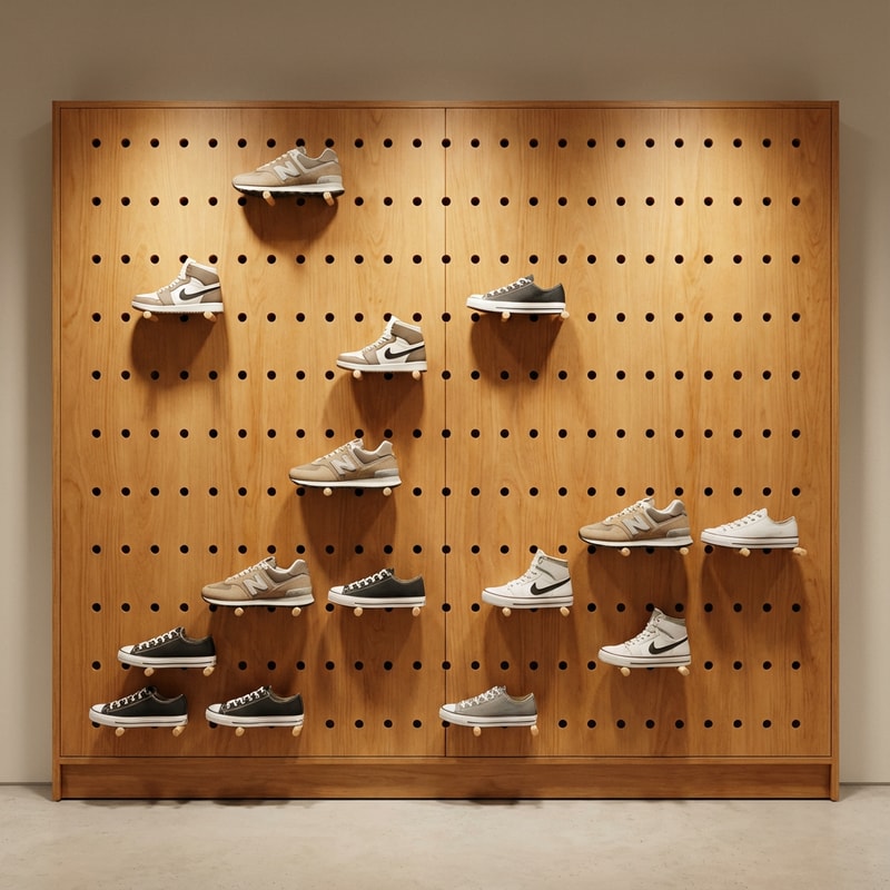 A 225 cm high by 270 cm wide modern retail shoe display unit constructed from twin perforated plywood panels (10 cm hole spacing) with 15 cm long natural pine wooden dowels extending outward, neatly presenting various athletic sneakers on the dowels. — Professional straight-on medium shot, utilizing focused depth of field to emphasize the material quality and symmetrical repetition of the design. — Warm natural wood tones (plywood and pine), finished with a clear matte lacquer that emphasizes the grain. — Realistic, high-quality retail lighting with soft directional spotlights emphasizing texture and creating a warm, inviting mood. — Photorealistic architectural visualization rendering; clean, minimalist design aesthetic. — Maintain precise 10 cm hole spacing and 15 cm dowel length; emphasize the natural wood grain and matte lacquer finish; ensure material quality is visibly high; avoid clutter. — Clean, minimalist retail store interior setting with a neutral background wall.