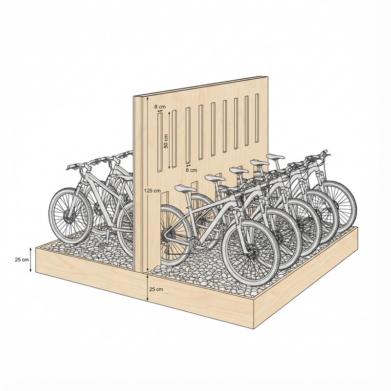 A double-sided mountain bike display platform designed for a bicycle retail store.
The platform is raised 25 cm above the floor. At the back of the platform there is a tall vertical back panel reaching a height of 125 cm from the floor.
The back panel includes 9 vertical slots, each slot is 8 cm wide and 50 cm high. The purpose of the slots is to hold the bicycle wheels inside them so the bikes remain standing upright.
The entire display structure is made of birch plywood with a clear matte lacquer finish.
The floor surface of the platform, in the area where the bicycles stand, is fully covered with natural river pebbles.
The display is double-sided:
one side holds 9 mountain bikes, and the opposite side holds an additional 9 mountain bikes, for a total of 18 bikes.
The overall design is clean, modern, and suitable for a premium bicycle store interior.