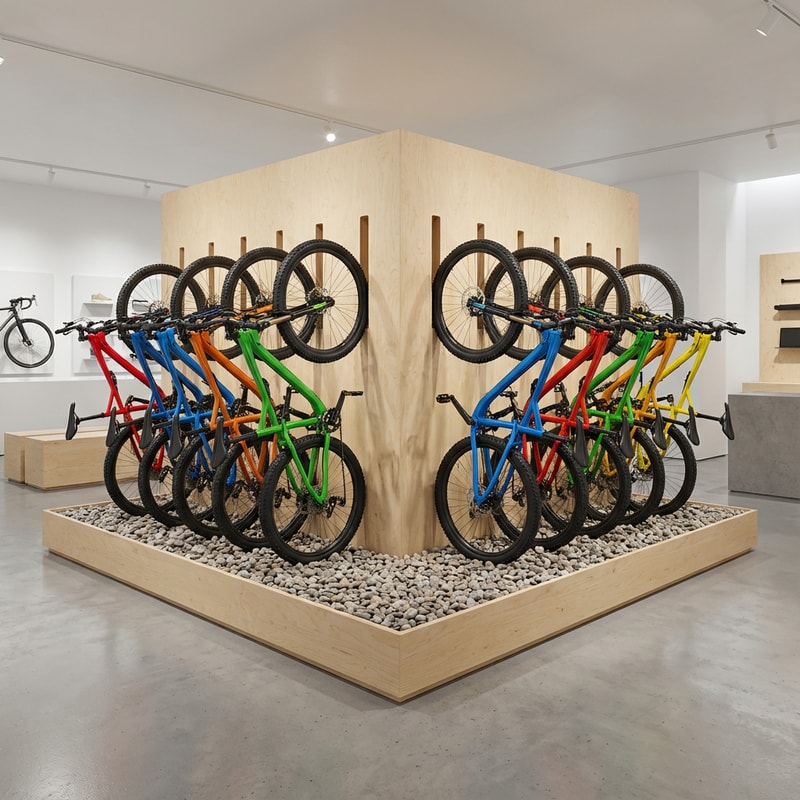 A high-fidelity architectural rendering of a double-sided retail display platform designed for 18 mountain bikes. The platform is elevated 25 cm, featuring a 125 cm tall back panel containing 9 vertical slots on each face to stabilize the bikes by their wheels, all currently occupied by premium mountain bikes. — Wide-angle, eye-level product shot showcasing the structural details and the double-sided nature of the display, emphasizing symmetry and the contrasting textures of wood and stone. — Dominantly natural birch plywood color, clear matte lacquer, light gray-brown natural river pebbles, and the saturated colors of the bikes. — Bright, diffused gallery lighting emphasizing clean lines and materials; Modern, premium, and clean mood. — Detailed photorealistic architectural visualization. — The entire structure, excluding the bikes, must be made of birch plywood with a clear matte finish; The floor surface of the platform where the tires rest must be fully covered in natural river pebbles; Must clearly show 18 mountain bikes total. — Minimalist, high-end bicycle retail store interior with polished concrete floors and white walls.