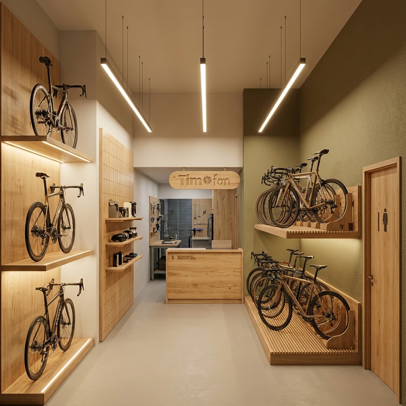 בטח 🙂
הנה **פרומט ברור ומסודר באנגלית**, מתאים למחולל תמונות / הדמיה אדריכלית (Midjourney, DALL·E, Stable Diffusion וכו’). אם תרצה גרסה יותר קצרה או יותר “קולנועית” – אגיד ואעדכן.

---

**English Prompt:**

> Architectural interior section drawing of a bicycle shop, showing multiple staggered planes that are not aligned on the same axis.
>
> On the far right plane: an entrance door leading to the restroom.
>
> The next plane, slightly projecting forward, displays two vertical levels of bicycles arranged side by side. The bicycles are stored on wooden racks that hold the rear wheel. Behind the bikes, a wooden platform with evenly spaced grooves stabilizes the wheels. The entire wall on this bicycle display plane is painted in a strong khaki color.
>
> The next plane is the cashier area. This area is wide, with an entrance opening height of 240 cm. The total ceiling height throughout the space is 377 cm. The cashier consists of a counter with a natural wood front finish. Above the counter hangs the business sign, suspended by chains, featuring a wooden sign with the shop name “Timofan” carved in a wood-chip cut style.
>
> Behind the cashier is a bicycle repair workshop (not fully drawn), but visible from the cashier area, allowing a view into the repair space.
>
> Adjacent to the cashier, on a continuous plane, there is a full-height wall reaching the ceiling. Mounted on it is a natural plywood board with three wooden shelves. The remaining surface of the board is perforated, allowing wooden pegs for hanging accessories. Display bicycle-related items such as nutritional supplements, gloves, and riding accessories on this board.
>
> The next plane features three wooden shelves stacked vertically. On each shelf, display high-end, unique, and expensive bicycle models. Under each shelf, integrated lighting highlights the bicycles below.
>
> The rest of the space is illuminated by linear light strips suspended from the ceiling at a height of 300 cm.
>
> Style: clean architectural visualization, warm natural materials, realistic lighting, modern bike shop interior, detailed section view.

---