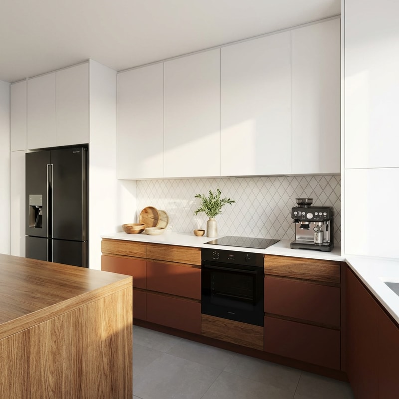 A luxurious, high-end modern kitchen renovation interior scene — Medium shot capturing the main run of the cabinetry and countertop, emphasizing the preserved existing layout. Tall upper cabinets are flush to the ceiling, extending fully to the right edge of the frame — Dominant clean white (countertop and upper cabinets) contrasting with dark terracotta brown and subtle natural wood elements (lower cabinets), accented by pure white diamond-shaped ceramic tiles — Bright, balanced natural daylight filtering into the space, creating a warm and elegant atmosphere — Highly realistic, museum-quality architectural rendering (photorealism), featuring a clean modern style accented by natural wood warmth — Ensure the countertop remains a clean, smooth white surface. Backsplash must be small white diamond-shaped ceramic tiles. Lower cabinets must be dark terracotta brown with integrated natural wood texture accents — Contemporary kitchen interior.