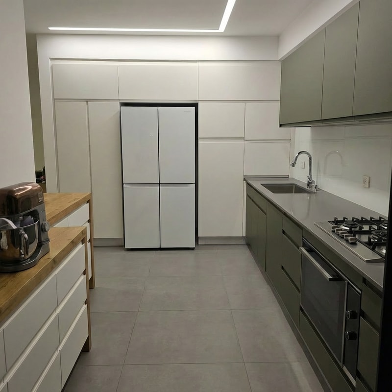 Edit the kitchen image so the cabinets in the sink area are changed to a dark khaki green color. Change the countertop to a healthy gray tone. Modify the upper cabinets above the work surface so they are taller and match the same height as the cabinets in the refrigerator area, creating a uniform and continuous cabinet height throughout the entire kitchen. Keep the overall layout, lighting, and materials realistic and consistent with the original image.”