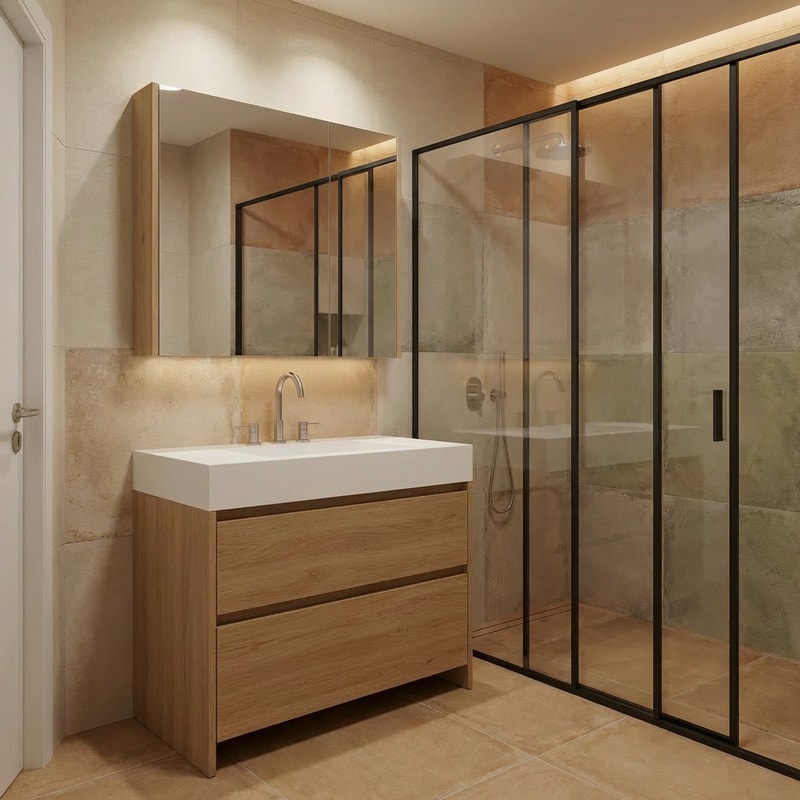 All images show the same bathroom space. Redesign this bathroom with a warm Mediterranean desert atmosphere, rich in color yet soft, balanced, and not overpowering.
Update all bathroom ceramics to reflect a desert-inspired Mediterranean palette. Use earthy, sun-washed tones such as sand, warm beige, clay, terracotta, soft olive, and muted stone colors. The colors should feel layered and natural, adding depth and warmth without being loud or overly saturated.
The floor tiles should feature warm desert tones inspired by Mediterranean landscapes, with a natural matte finish.
The wall tiles should be slightly lighter and softer than the floor, creating a calm, harmonious contrast while maintaining visual richness.
The overall ceramic design should feel organic, warm, and inviting, evoking Mediterranean deserts and coastal villages, with a refined, timeless elegance rather than a bold or flashy look.