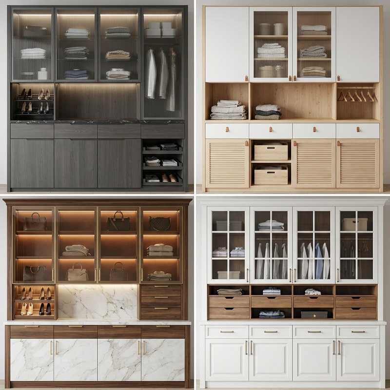 Produce a series of wardrobe design variations based on the original model, keeping the core design language while exploring different styles (modern, Scandinavian, luxury). Consistent proportions, realistic materials, detailed interior visualizatio
