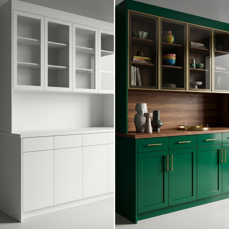 reate different stylistic variations of the same wardrobe: one ultra-minimalist, one bold and expressive. Keep the same layout and size, but vary colors, textures, and visual mood. Modern interior, photorealistic, studio-quality lighting