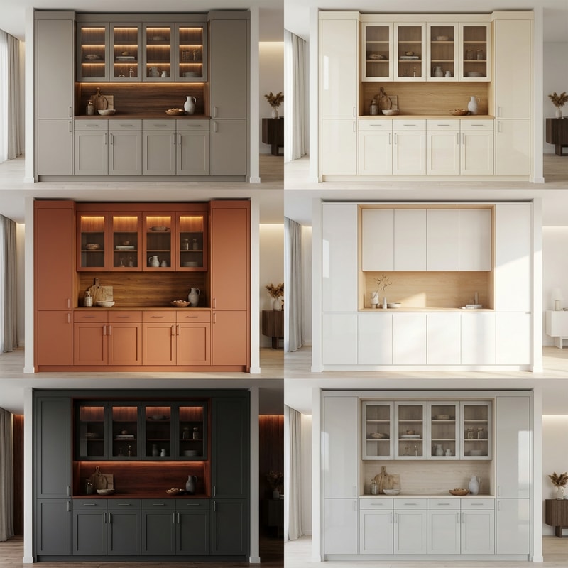 Generate multiple alternative versions of the same wardrobe, experimenting with different wood types, matte and glossy finishes, neutral and warm color palettes, minimal modern style, realistic interior lighting, ultra-detailed rende