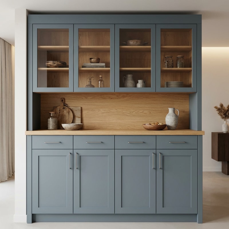 A modern display cabinet with a subtle rustic touch, based on a two-dimensional technical drawing.
Total height 220 cm.

The upper section features four glass-front doors. Inside the cabinet, the interior is made of natural wood, clearly visible through the glass panels. Below the upper cabinets, there is an open countertop used for displaying objects. The distance between the countertop and the upper cabinets is 40 cm. The countertop is made of natural wood with a thickness of 4 cm.

The lower section of the cabinet consists of four drawers on the top row, each drawer 15 cm high, and four cabinet doors beneath them.

Design style is modern with warm rustic influences, clean lines, minimal detailing, and a balanced, elegant look.
Color palette is trendy for 2026, such as soft olive green, warm greige, muted clay tones, or smoky blue-grey, combined with natural wood textures.
Matte or satin finish.
High-quality materials, contemporary interior design, realistic lighting, front-facing view.