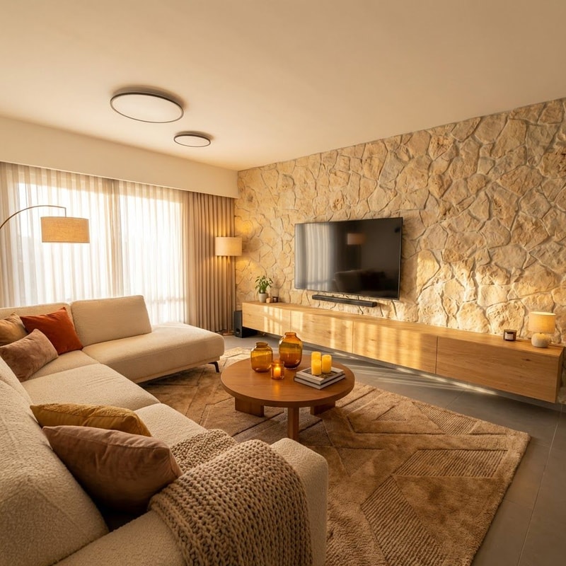 Here is a clear and well-structured prompt in English:

---

**Prompt:**

Please make the image wider, expanding the frame so that more of the window area is visible and the entire sofa can be seen.

Redesign the sofa area and the coffee table section to create a warmer and more inviting atmosphere. Use warm tones, cozy textures, and soft lighting. Consider adding elements such as warm wood finishes, soft throw pillows, textured blankets, a warm-toned rug, and ambient lighting to enhance the cozy feeling. The overall style should feel harmonious, comfortable, and welcoming while maintaining a natural and elegant look.