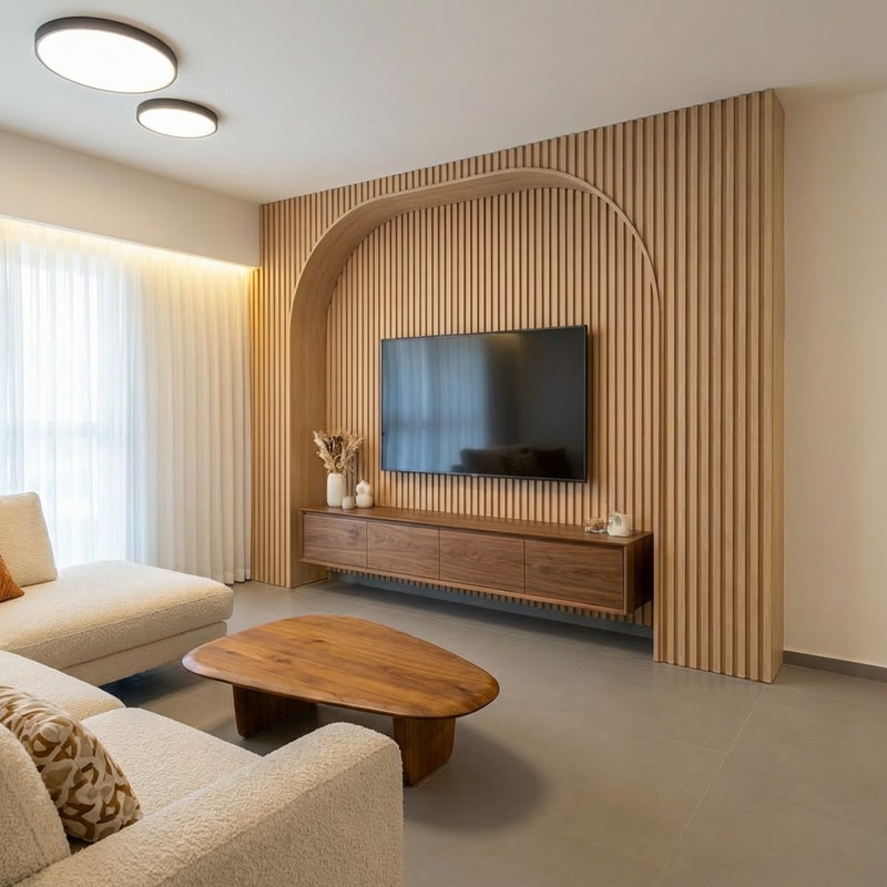 Make the following changes to the design:
Keep the inside of the arch in natural wood, but change the exterior part of the arch to an off-white wall tone. Remove the black wall sconce. Replace the built-in cabinet with a different shade. Replace the sofa as well.
It is important that the overall result feels warm, cohesive, and inviting.