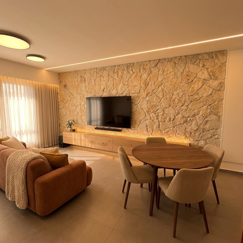 "Adjust the room with slightly warmer tones. Replace the sofa with a new one and also replace the dining table. Change the ceiling light fixture to linear strip lighting instead. Maintain a cozy, inviting atmosphere."