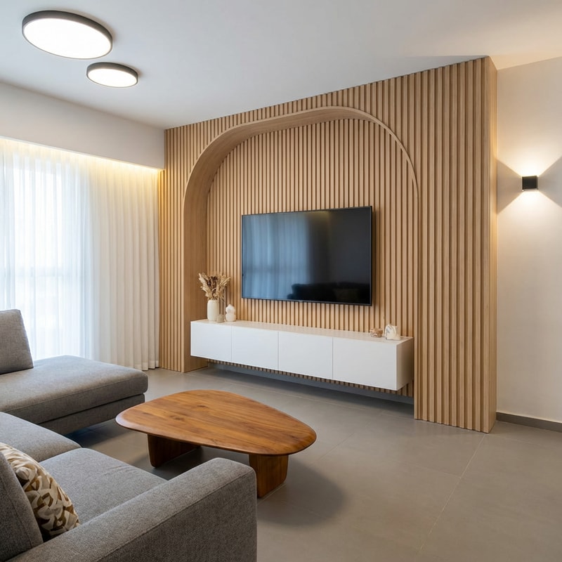 Here is a clear and professional prompt in English:
---
**Prompt:**
This is a living room with a height of 267 cm and a width of 650 cm.
Please remove the gray armchair and the yellow armchair from the space.
Replace the current living room table with something warmer in style — preferably a warm wood tone or a soft, organic design that adds warmth to the space.
Redesign the TV wall inspired by the attached reference image. Ignore any text that appears on the image and focus only on the visual design elements, materials, textures, and overall style shown in the picture.
Maintain balanced proportions according to the room dimensions (267 cm height, 650 cm width) and create a cohesive, modern, and inviting atmosphere.