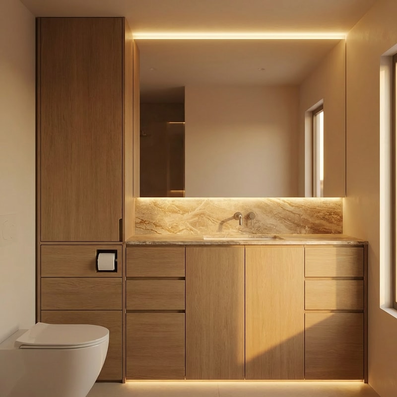 Here is a clear and professional prompt in English:
**"Please make all the bathrooms feel slightly warmer in their color tones. Adjust the overall palette to include warmer hues and softer warmth in the lighting. Additionally, make the marble surfaces more visually interesting by enhancing their texture, veining, or pattern while keeping the design elegant and cohesive."**
If you'd like, I can also make it more technical, more creative, or tailored for Midjourney / AI rendering.