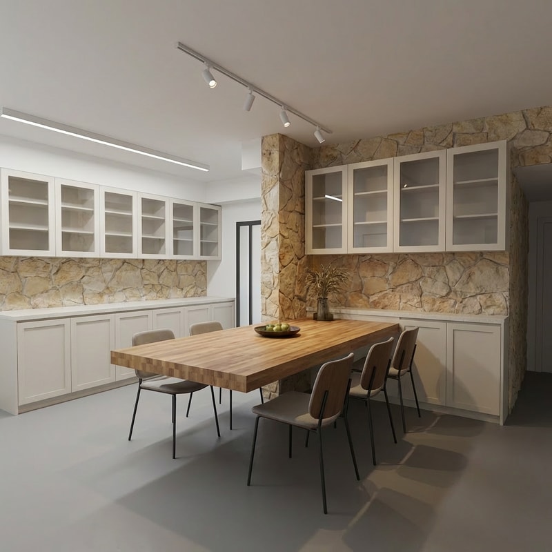 כמובן! הנה ניסוח ברור ומדויק באנגלית לפרומט:
---
**Prompt (English):**
Remove the kitchen entirely from the image. Change the shape of the countertop so that the short wall with the stone cladding becomes longer, with a total length of 100 cm. In the area of this wall, shorten the countertop so that its depth is only 40 cm. Below the countertop, add a cabinet with hinged doors. Above the countertop, add upper cabinets with glass doors. The color of all cabinets should be off-white.