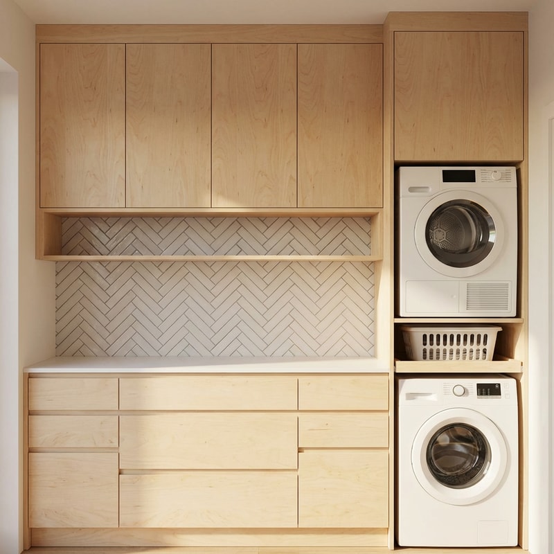 This is a design plan for a laundry room cabinet unit.

The total height of the cabinet is 267 cm. The toe kick (base) is 10 cm high. At the top, there is an additional 10 cm decorative crown molding that closes the gap between the cabinet and the ceiling.

The washing machine and dryer area is deeper than the rest of the cabinetry. This section has a depth of 70 cm. The washing machine sits directly on the floor. Above it, there is a pull-out shelf designed to hold a laundry basket for easy unloading of clothes from the dryer. Above the pull-out shelf is the dryer. Above the dryer, there is a cabinet with hinged doors.

On the right side, there is a lower cabinet unit with a depth of 55 cm. This unit is divided into a combination of narrow drawers and wider drawers. Above this base cabinet, there is a white countertop. Above the countertop, the wall is finished with a herringbone-style tile backsplash.

Above the countertop area, there is an upper cabinet that includes an open rectangular shelf. The shelf dimensions are 25 cm in height, 178 cm in width, and 25 cm in depth. The depth of both the upper cabinet and the shelf is 25 cm. The back panel inside the open shelf is not plywood; it is also finished with herringbone-style ceramic tile, matching the backsplash.

The entire cabinet unit is finished in natural birch wood.