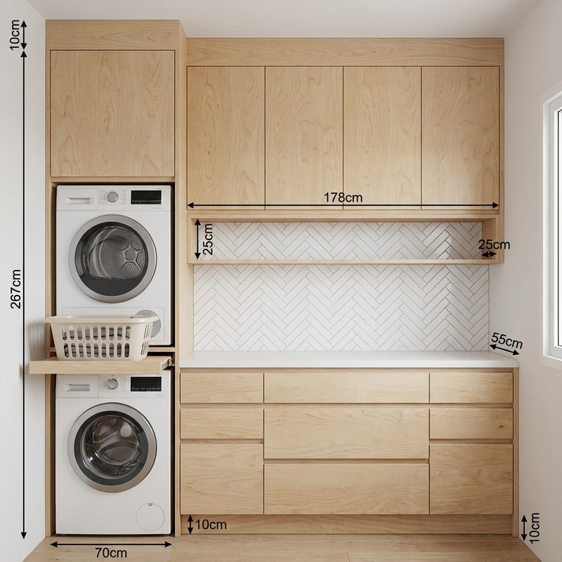 This is a design plan for a laundry room cabinet unit.

The total height of the cabinet is 267 cm. The toe kick (base) is 10 cm high. At the top, there is an additional 10 cm decorative crown molding that closes the gap between the cabinet and the ceiling.

The washing machine and dryer area is deeper than the rest of the cabinetry. This section has a depth of 70 cm. The washing machine sits directly on the floor. Above it, there is a pull-out shelf designed to hold a laundry basket for easy unloading of clothes from the dryer. Above the pull-out shelf is the dryer. Above the dryer, there is a cabinet with hinged doors.

On the right side, there is a lower cabinet unit with a depth of 55 cm. This unit is divided into a combination of narrow drawers and wider drawers. Above this base cabinet, there is a white countertop. Above the countertop, the wall is finished with a herringbone-style tile backsplash.

Above the countertop area, there is an upper cabinet that includes an open rectangular shelf. The shelf dimensions are 25 cm in height, 178 cm in width, and 25 cm in depth. The depth of both the upper cabinet and the shelf is 25 cm. The back panel inside the open shelf is not plywood; it is also finished with herringbone-style ceramic tile, matching the backsplash.

The entire cabinet unit is finished in natural birch wood.