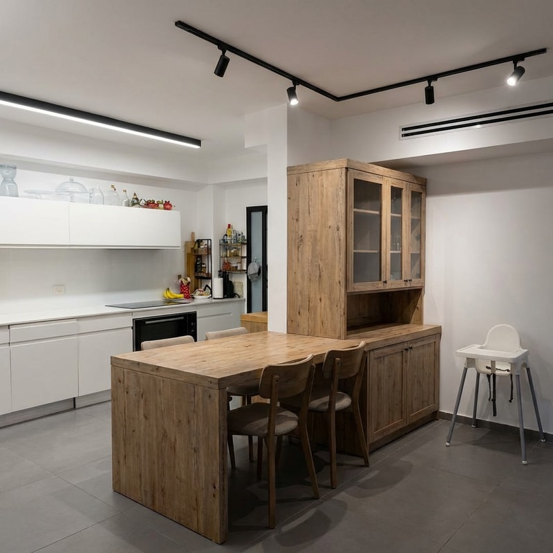 This is a dining area centered around a butcher-block island that currently functions as a dining table. We would like to make the following modifications:

Butcher-Block Surface Changes:

The butcher-block countertop should be moved approximately 30 cm to the left, toward the kitchen.

The shape of the surface will change. It will no longer have a vertical drop panel at the back. Instead, it will include a lowered section at a height of 75 cm.

The surface will also integrate into the design of a cabinet.

The current height of the butcher block is 90 cm; it should be lowered to 73 cm to match standard dining table height.

Seating chairs should be placed around the butcher block, as it serves as a dining table.

Cabinet Design:

The cabinet will be designed in a rustic style.

Lower section: closed storage units (solid doors).

Upper section: hinged glass doors.

Cabinet depth: approximately 40 cm.

Cabinet width: 80 cm.

Wall width: 100 cm.

Cabinet finish: light brown tone that complements the natural wood tone of the butcher block.

Lighting:

The existing lighting fixture above the butcher block should be removed.

Replace it with a track lighting system with adjustable spotlights.

The lighting fixtures should be black.

Television Removal:

The television should be removed.

The TV is currently 178 cm wide, while the vertical wall it is mounted on is 100 cm wide.

This 100 cm wall will be the wall where the new cabinet will be installed.

The attached drawings show different elevations of the space for reference.