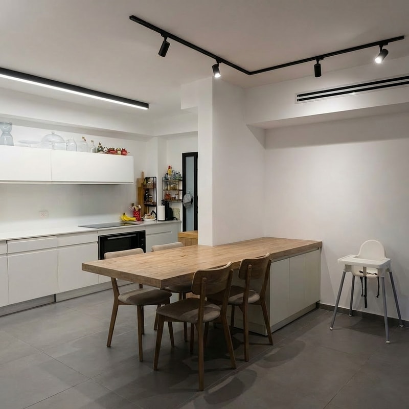 Make the cabinet less deep so that it is only 30 cm deep.
The countertop should be deeper than the cabinet.
The countertop is floating (wall-mounted, with no visible supports).
The countertop should be in a natural wood tone.
The cabinet color should be a dark off-white shade.