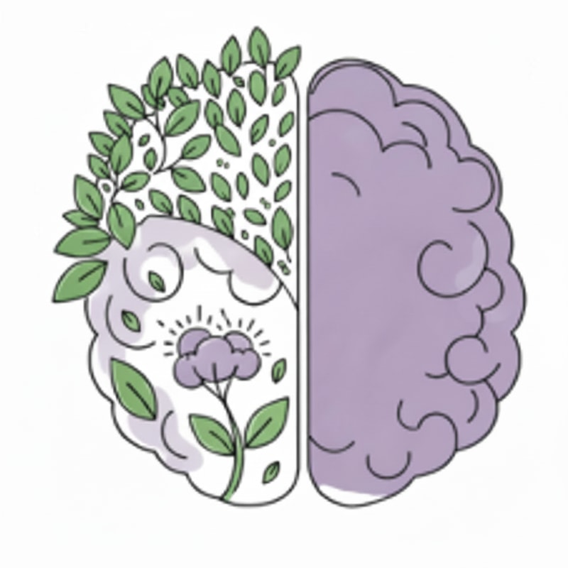 Change the green background to white in the upper-left area of the brain and remove most of the small leaves in that space, while keeping the long branches with leaves. In the upper-left area of the brain, remove the loose and individual leaves along the edge, but keep the leaves that are part of branches, leaving only a few within that space. Remove the roots in the lower-right area.