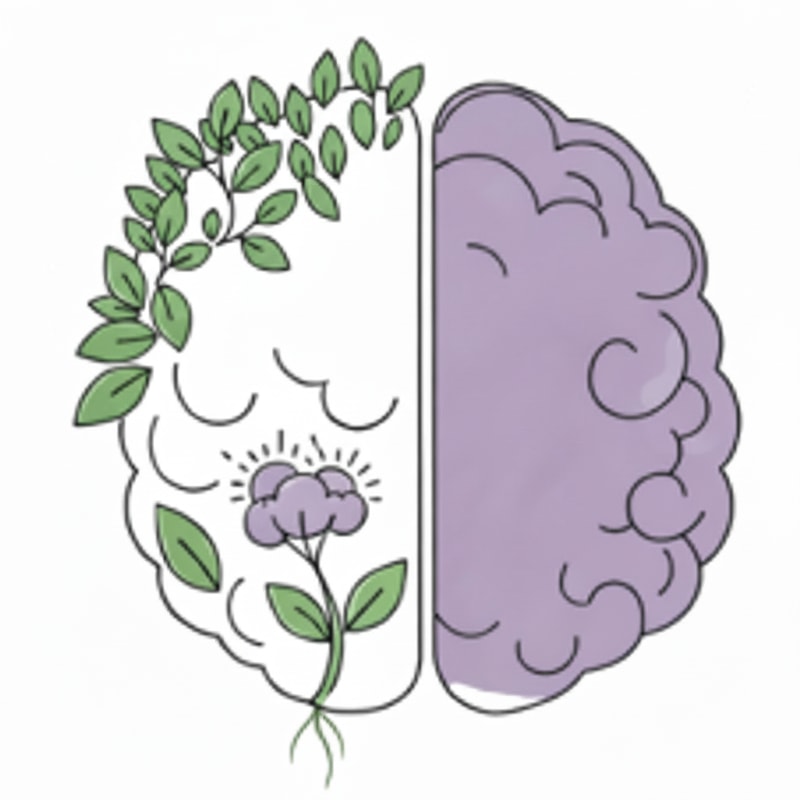 Change the green background to white in the upper-left area of the brain and remove most of the small leaves in that space, while keeping the long branches with leaves. In the upper-left area of the brain, remove the loose and individual leaves along the edge, but keep the leaves that are part of branches, leaving only a few within that space. Remove the roots in the lower-right area.