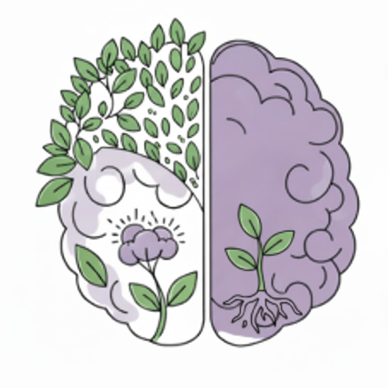 Change the green background to white in the upper-left area of the brain and remove half of the small leaves in that space, while keeping the long branches with leaves. Change the green background to white in the upper-left area of the brain and remove most of the small leaves in that space, while keeping the long branches with leaves. Additionally, add a few roots in the lower-right area inside the brain, colored light purple, with a green sprout emerging from them that has three leaves. Remove half of the loose small leaves in the upper-left area of the brain. Keep the long branches with leaves intact.