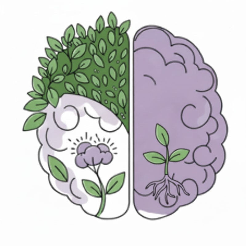 Change the green background to white in the upper-left area of the brain and remove half of the small leaves in that space, while keeping the long branches with leaves. Additionally, add a few roots in the lower-right area inside the brain, colored light purple, with a green sprout emerging from them that has three leaves.