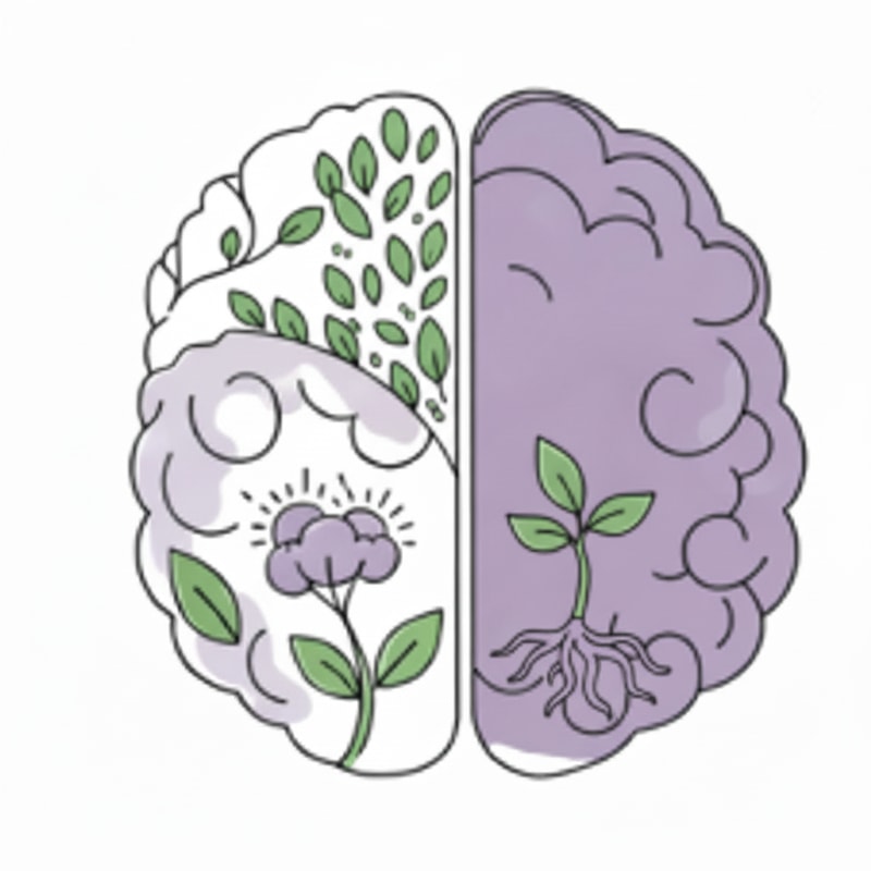 Change the green background to white in the upper-left area of the brain and remove half of the small leaves in that space, while keeping the long branches with leaves. Change the green background to white in the upper-left area of the brain and remove most of the small leaves in that space, while keeping the long branches with leaves. Additionally, add a few roots in the lower-right area inside the brain, colored light purple, with a green sprout emerging from them that has three leaves. Remove half of the loose small leaves in the upper-left area of the brain. Keep the long branches with leaves intact. remove more leaves in the upper-left area of the brain.