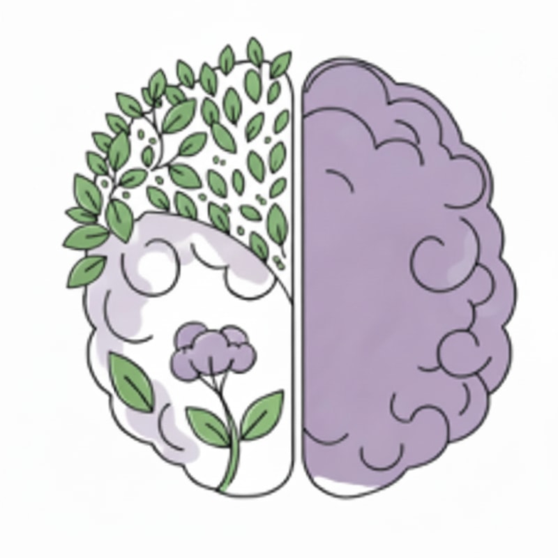 Change the green background to white in the upper-left area of the brain and remove most of the small leaves in that space, while keeping the long branches with leaves. In the upper-left area of the brain, remove the loose and individual leaves along the edge, but keep the leaves that are part of branches, leaving only a few within that space. Remove the roots in the lower-right area.