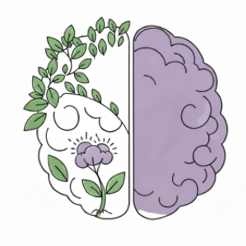 Change the green background to white in the upper-left area of the brain and remove most of the small leaves in that space, while keeping the long branches with leaves. In the upper-left area of the brain, remove the loose and individual leaves along the edge, but keep the leaves that are part of branches, leaving only a few within that space. Remove the roots in the lower-right area.