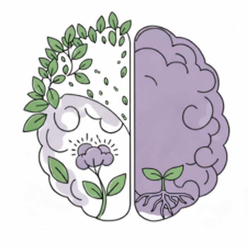 Change the green background to white in the upper-left area of the brain and remove half of the small leaves in that space, while keeping the long branches with leaves. Change the green background to white in the upper-left area of the brain and remove most of the small leaves in that space, while keeping the long branches with leaves. Additionally, add a few roots in the lower-right area inside the brain, colored light purple, with a green sprout emerging from them that has three leaves. Remove half of the loose small leaves in the upper-left area of the brain. Keep the long branches with leaves intact. remove more smalls leaves in the upper-left area of the brain. Remove the leaves along of the upper-left area of the brain.