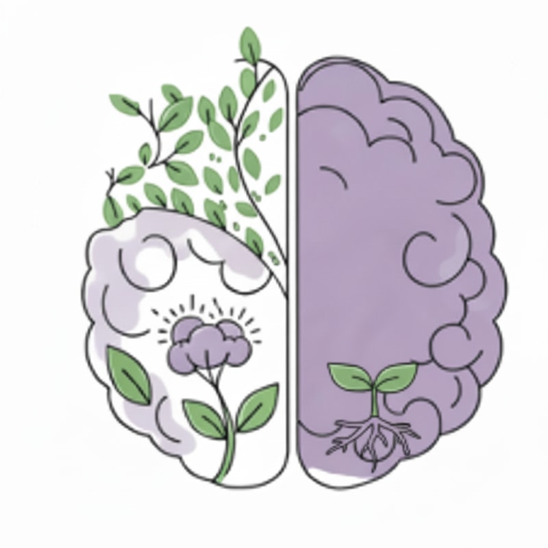 Change the green background to white in the upper-left area of the brain and remove half of the small leaves in that space, while keeping the long branches with leaves. Change the green background to white in the upper-left area of the brain and remove most of the small leaves in that space, while keeping the long branches with leaves. Additionally, add a few roots in the lower-right area inside the brain, colored light purple, with a green sprout emerging from them that has three leaves. Remove half of the loose small leaves in the upper-left area of the brain. Keep the long branches with leaves intact. remove more smalls leaves in the upper-left area of the brain.