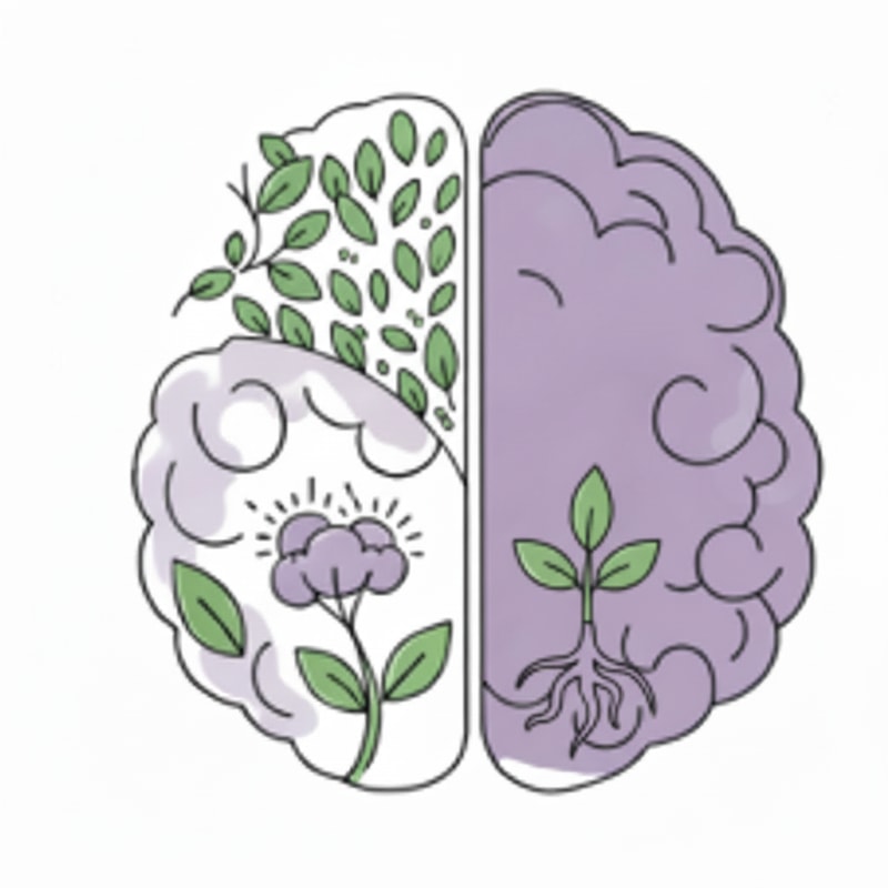 Change the green background to white in the upper-left area of the brain and remove half of the small leaves in that space, while keeping the long branches with leaves. Change the green background to white in the upper-left area of the brain and remove most of the small leaves in that space, while keeping the long branches with leaves. Additionally, add a few roots in the lower-right area inside the brain, colored light purple, with a green sprout emerging from them that has three leaves.