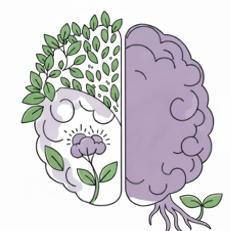 Change the green background to a white background on the upper left side of the brain and reduce the number of small leaves in that space, but keep the long branches with leaves. Also, add a few roots on the lower right side that come out of the brain. Make them light purple in color, and have a green sprout with three leaves coming out of them.