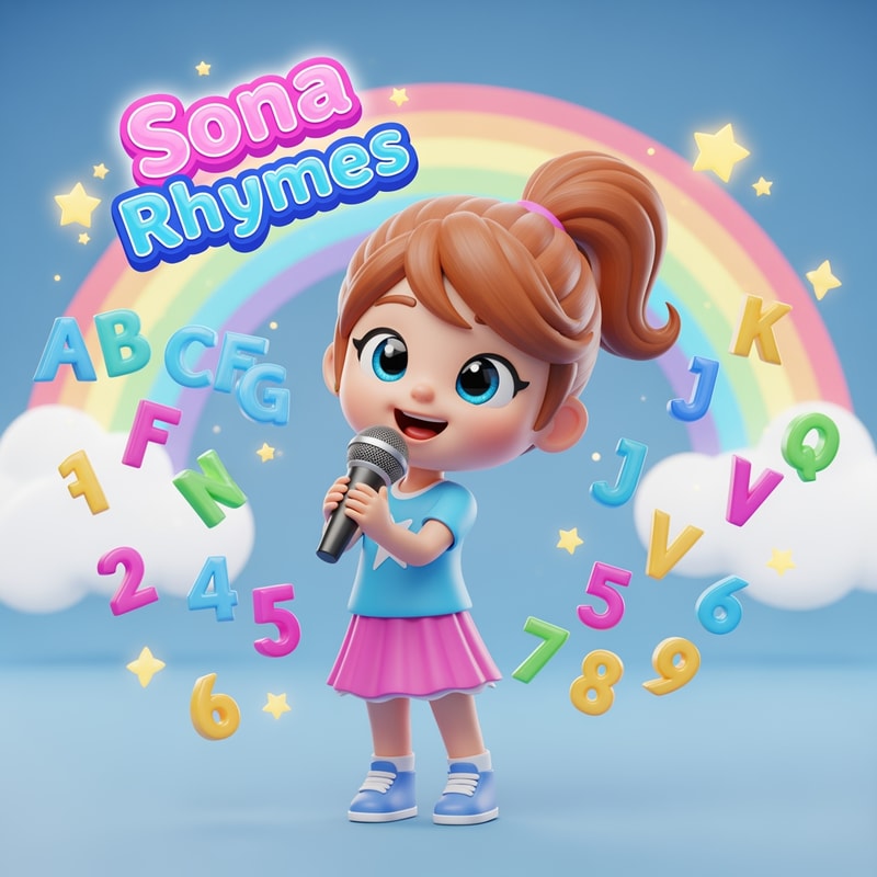 "High quality 3D cute girl cartoon character with big eyes, ponytail hairstyle, holding a mic and singing. Around her colorful alphabets, numbers, rainbow and stars. Text: ‘Sona Rhymes ’ in neon glossy bubble font.”