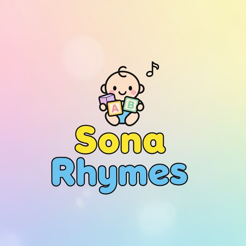 "Minimal kids-friendly logo with a cute baby character holding ABC blocks and a small music note floating above. Text ‘Sona Rhymes ’ in round bubble font in yellow and sky-blue color. Soft pastel background."
