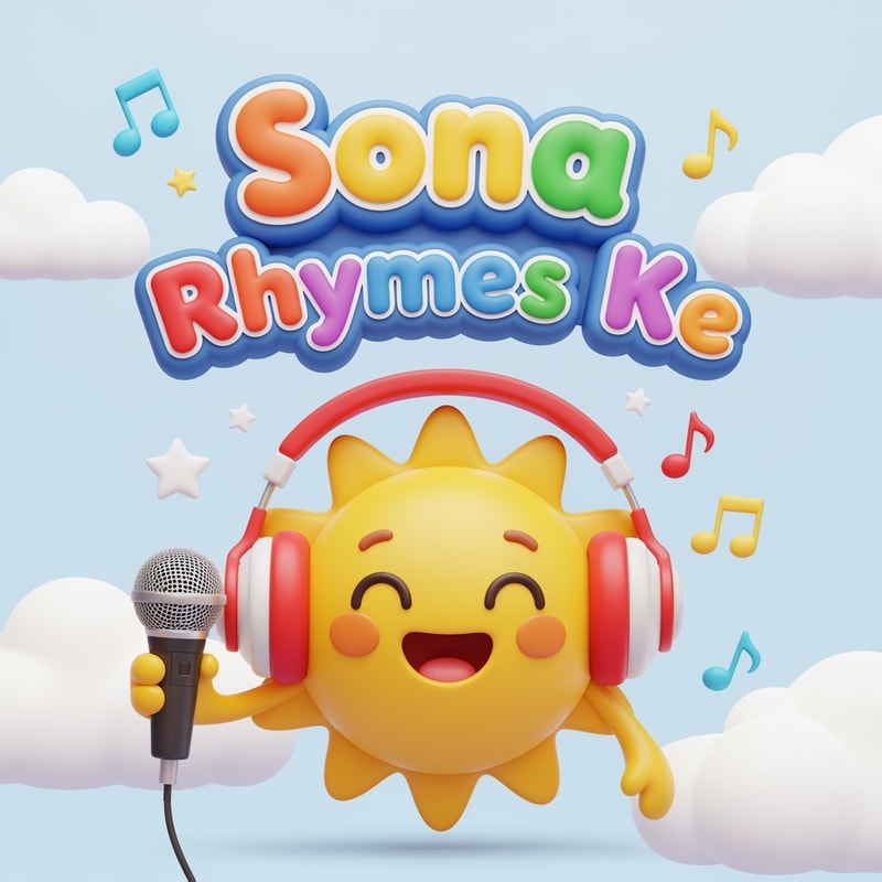 "A cute, colorful kids cartoon logo featuring a smiling sun character wearing red headphones, holding a microphone. Big bubbly text saying ‘Sona Rhymes Ke’ in playful rainbow colors. Background soft clouds, stars, and musical notes. Style: 3D cartoon, soft glossy, kid-friendly branding."