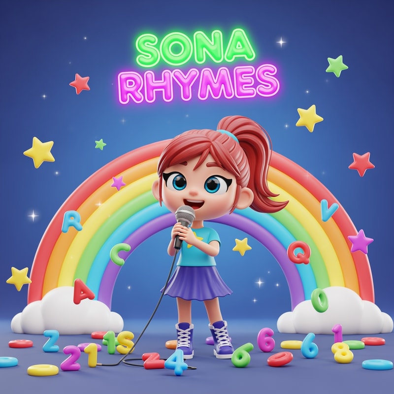 "High quality 3D cute girl cartoon character with big eyes, ponytail hairstyle, holding a mic and singing. Around her colorful alphabets, numbers, rainbow and stars. Text: ‘Sona Rhymes ’ in neon glossy bubble font.”