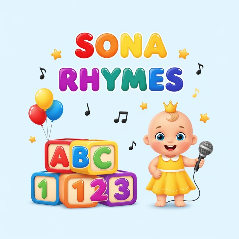 Cute, colorful, joyful kids cartoon style logo for a YouTube channel named "Sona Rhymes". A smiling baby girl character wearing yellow dress with little crown, holding a microphone and standing beside colorful ABC and 123 blocks. Soft rounded font text "SONA RHYMES" in bright rainbow colors with shine effect. Add small music notes, stars, balloons, and playful elements around. Background clean white or soft sky blue. High resolution, modern kids brand style, 3D glossy effect, friendly and attractive design for toddlers, high detail, perfect for cartoon rhymes branding.