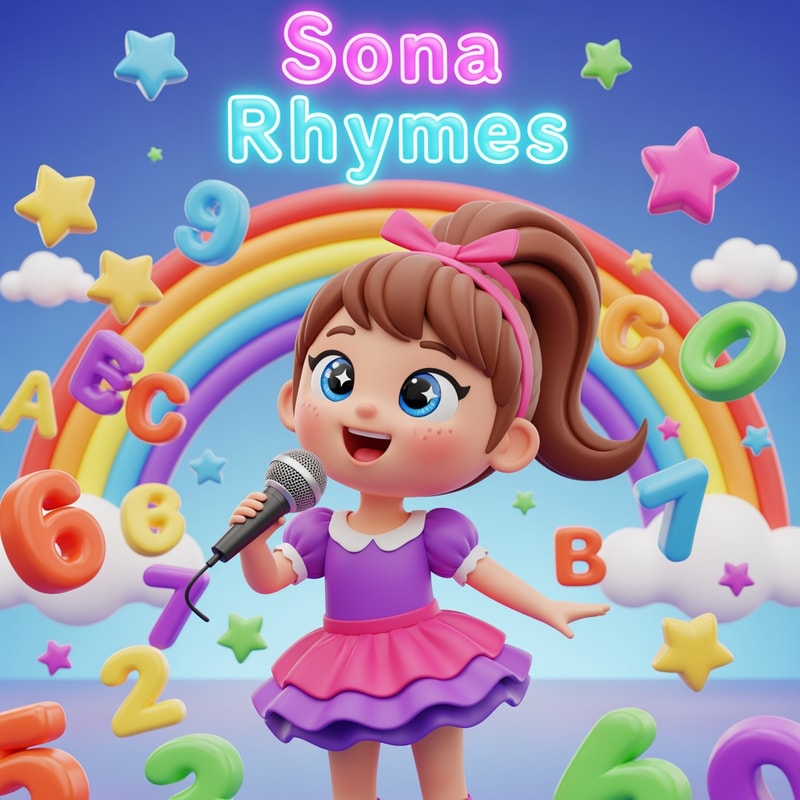 "High quality 3D cute girl cartoon character with big eyes, ponytail hairstyle, holding a mic and singing. Around her colorful alphabets, numbers, rainbow and stars. Text: ‘Sona Rhymes ’ in neon glossy bubble font.”