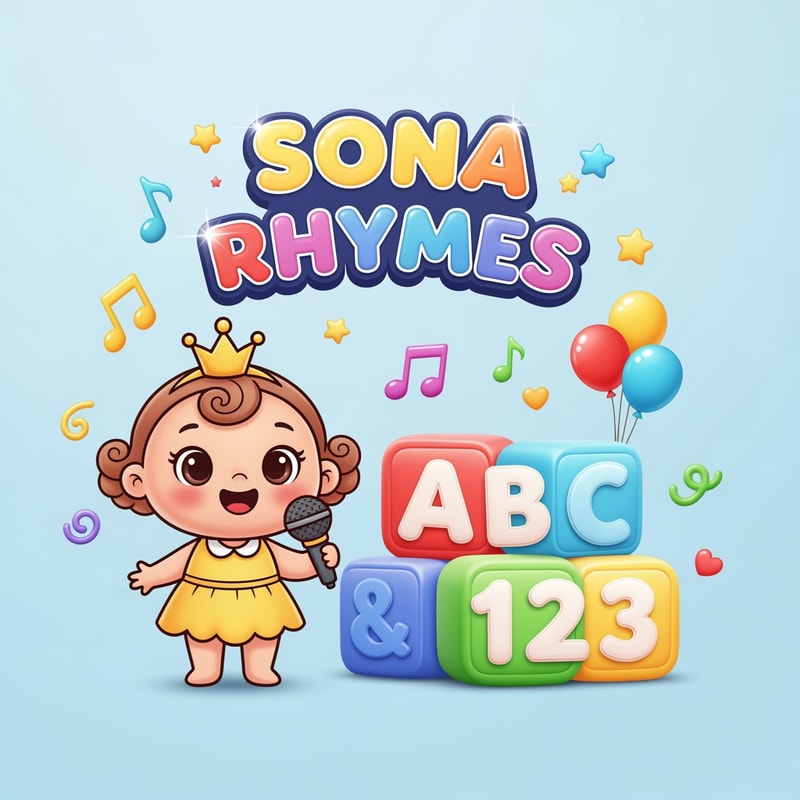 Cute, colorful, joyful kids cartoon style logo for a YouTube channel named "Sona Rhymes". A smiling baby girl character wearing yellow dress with little crown, holding a microphone and standing beside colorful ABC and 123 blocks. Soft rounded font text "SONA RHYMES" in bright rainbow colors with shine effect. Add small music notes, stars, balloons, and playful elements around. Background clean white or soft sky blue. High resolution, modern kids brand style, 3D glossy effect, friendly and attractive design for toddlers, high detail, perfect for cartoon rhymes branding.