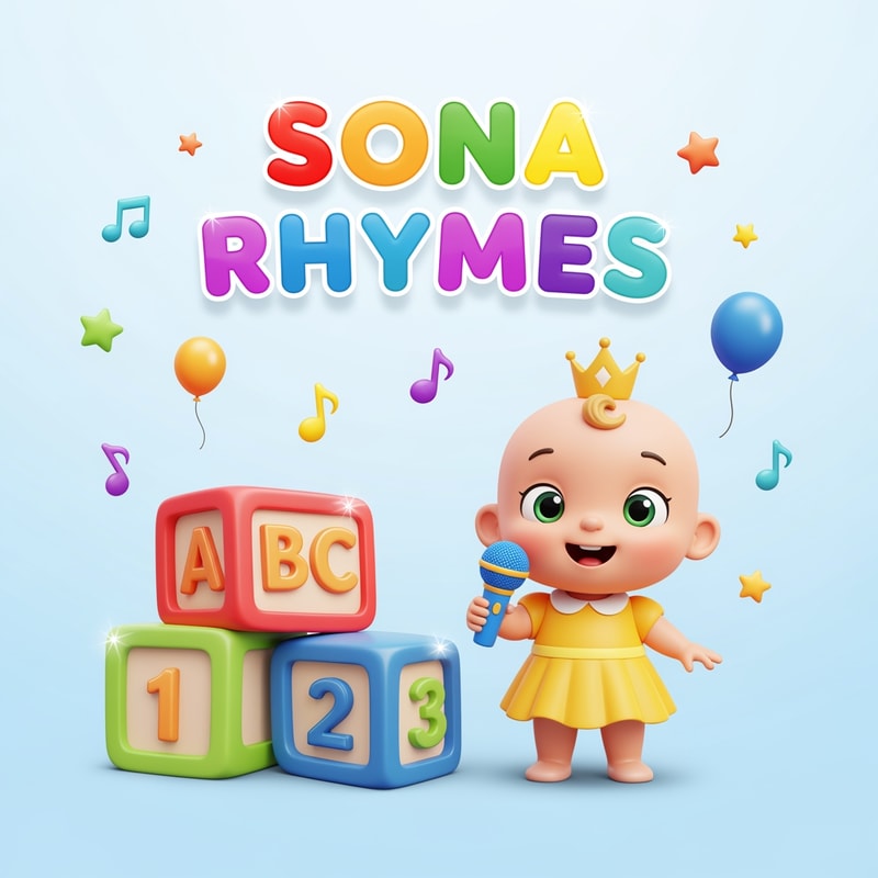 Cute, colorful, joyful kids cartoon style logo for a YouTube channel named "Sona Rhymes". A smiling baby girl character wearing yellow dress with little crown, holding a microphone and standing beside colorful ABC and 123 blocks. Soft rounded font text "SONA RHYMES" in bright rainbow colors with shine effect. Add small music notes, stars, balloons, and playful elements around. Background clean white or soft sky blue. High resolution, modern kids brand style, 3D glossy effect, friendly and attractive design for toddlers, high detail, perfect for cartoon rhymes branding.