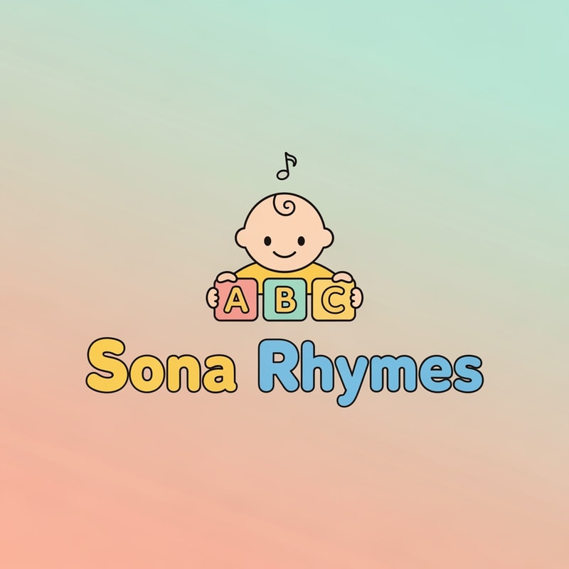 "Minimal kids-friendly logo with a cute baby character holding ABC blocks and a small music note floating above. Text ‘Sona Rhymes ’ in round bubble font in yellow and sky-blue color. Soft pastel background."