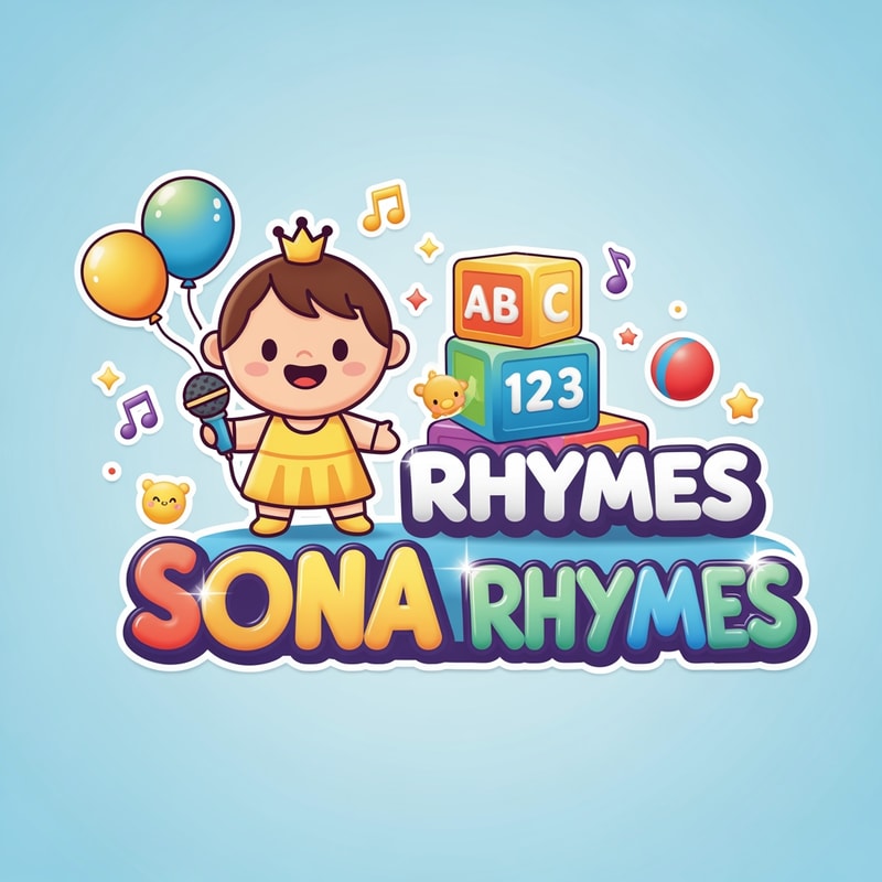 Cute, colorful, joyful kids cartoon style logo for a YouTube channel named "Sona Rhymes". A smiling baby girl character wearing yellow dress with little crown, holding a microphone and standing beside colorful ABC and 123 blocks. Soft rounded font text "SONA RHYMES" in bright rainbow colors with shine effect. Add small music notes, stars, balloons, and playful elements around. Background clean white or soft sky blue. High resolution, modern kids brand style, 3D glossy effect, friendly and attractive design for toddlers, high detail, perfect for cartoon rhymes branding.