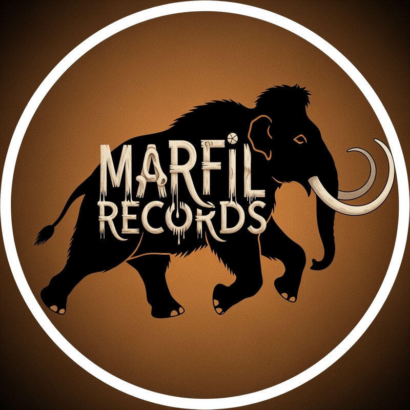 I would like you to create a logo with the silhouette of Mamut in movement and inside written with surrealistic letters: Marfil Records. thank you