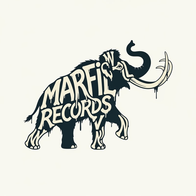 I would like you to create a logo with the silhouette of Mamut in movement and inside written with surrealistic letters: Marfil Records. thank you