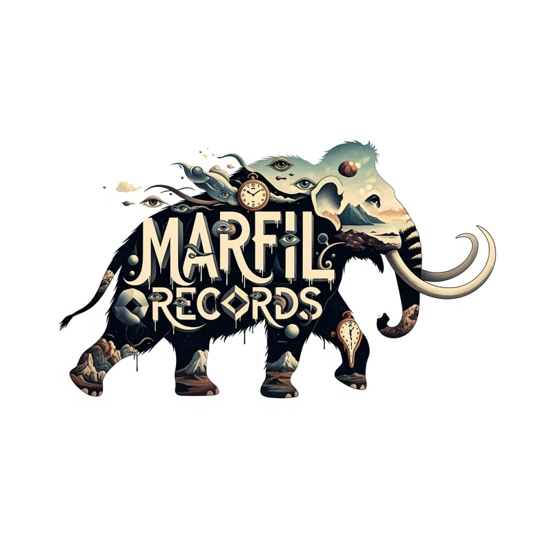 I would like you to create a logo with the silhouette of Mamut in movement and inside written with surrealistic letters: Marfil Records. thank you