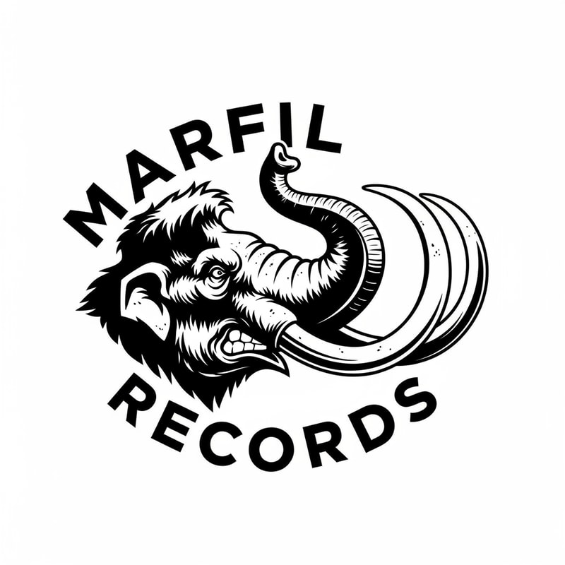 please, could you create a logo black and white for a brand called: "Marfil records" and put it in a head of a angry mammunt with the trunk held high watched iin prespective.